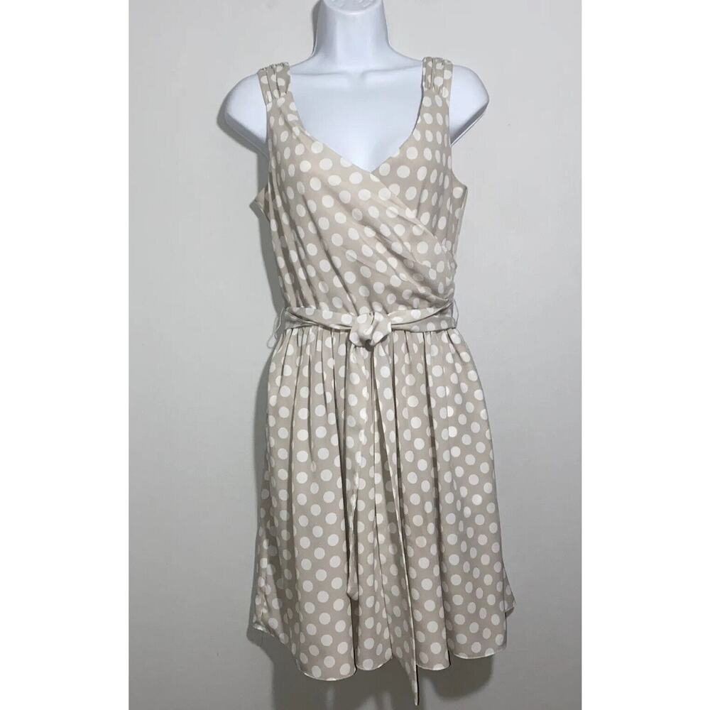 EUC Express Size 8 Champagne Polka Dot Satin Lined Fit & Flare Dress W/Pockets